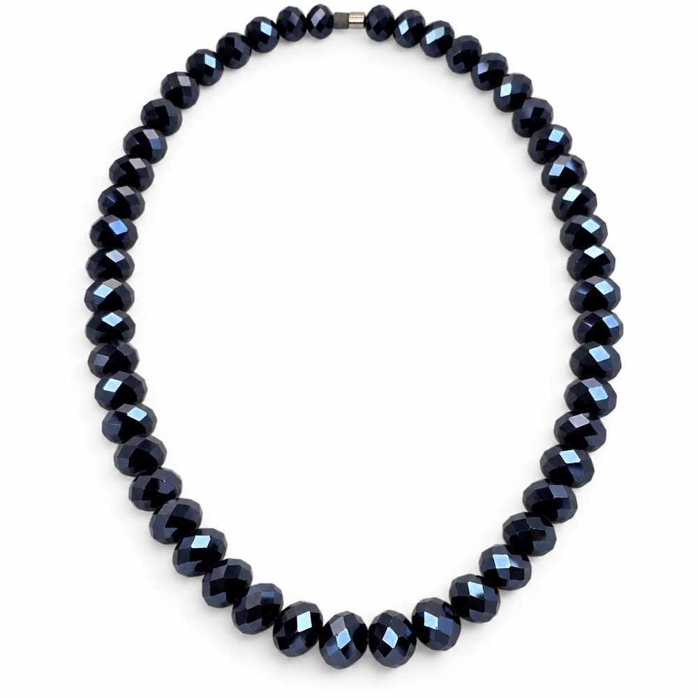 Navy Blue Faceted Bead Necklace Graduated Statement Jewelry Magnetic Clasp - Picture 3 of 12